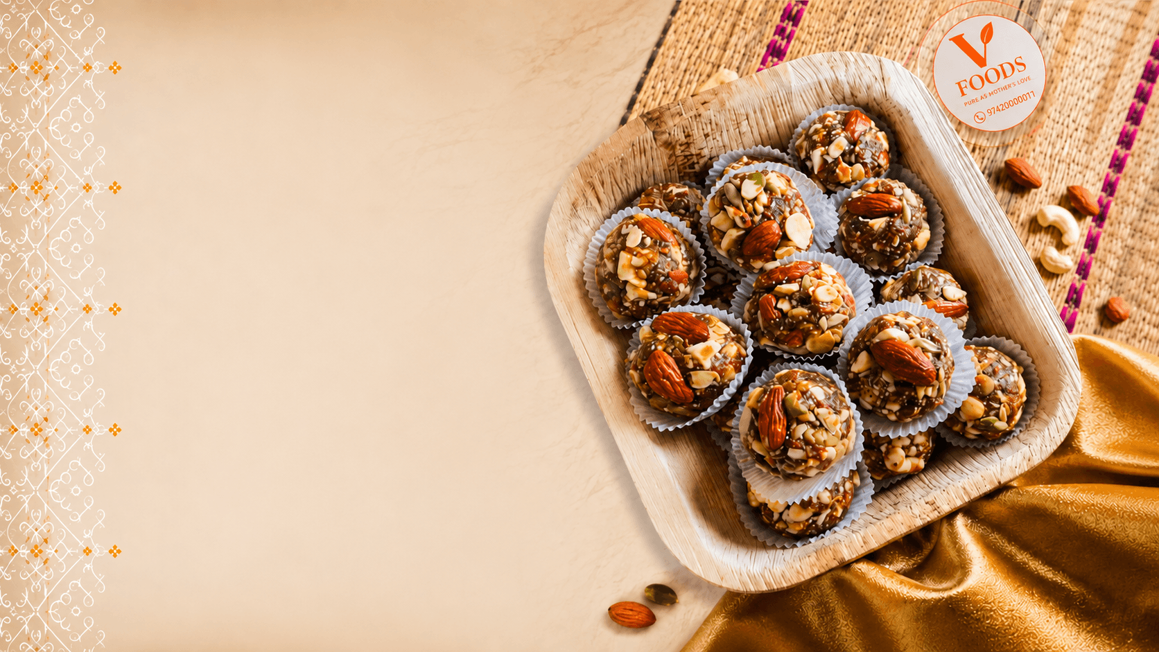 A bowl of energy balls with almonds on a decorative background
